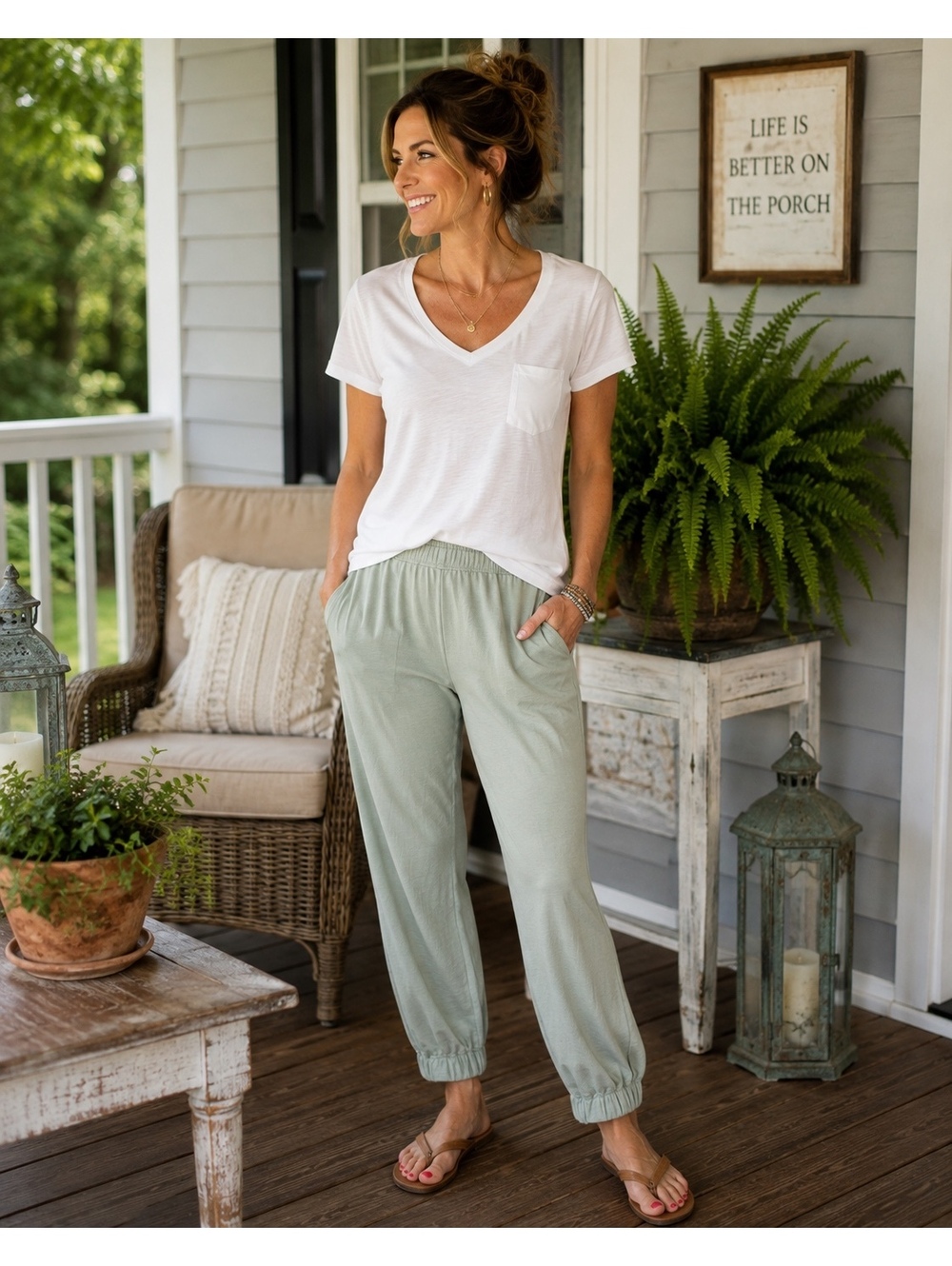 Fresh Produce Women’s Large Cropped Jogger Pants Sage Green Modal Cotton USA